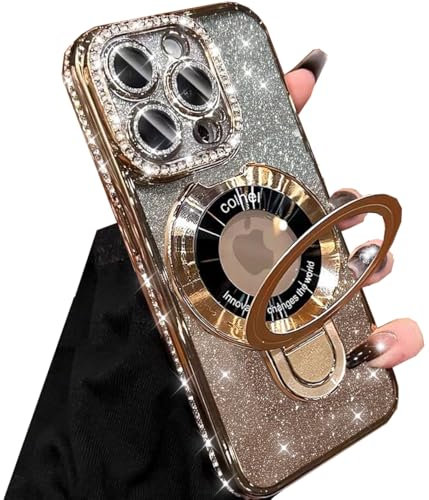 Changjia Magnetic Stand Glitter Case for iPhone 16 Pro Max,[Compatible with Magsafe] Luxury Bling Sparkly Rhinestones with Camera Protector Kickstand Women Girls Case for iPhone 16 Pro Max 6.9, Gold