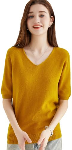 OWEIEYEU Damen-Pullover aus 100 % Merinowolle, kurzärmelig, Strickpullover, Tops, weicher Strickpullover mit V-Ausschnitt, maple, L
