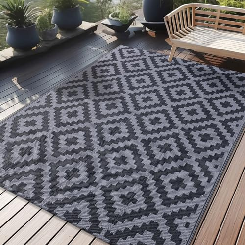Homaxy Waterproof Outdoor Rug, Anti-slip Reversible Plastic Straw Garden Rugs, Easy Cleaning Carpet Patio Area Rugs for Camping, Deck, Beach, Picnic, Backyard (150 x 240 cm, Black & Grey)