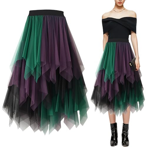 Baogaier Donna Gonna Tulle Tutu Elastica Elegante Casual Irregolare Sottogonna a Strati Plissettato Viola Verde Nero A-Line Midi per Prom Party Vestito Costume Carnevale