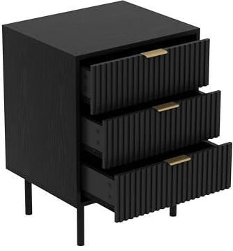 18 Fluted Nightstand, 3 Drawer Black Dresser for Bedroom, Narrow Wood Nightstand 3 Drawers, Mid Century Modern Chest of Drawers, Bedside Cabinet Dresser, Steel and Gold Legs - (1)