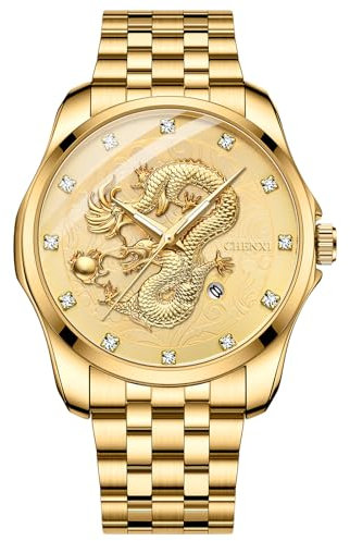 JewelryWe Herrenuhr Drachen Edelstahl Uhr: 30m Wasserdicht Kalender Analog Quarz Armbanduhr Herren Gold Edelstahlarmband Leuchtende Uhren mit Diamantskala Zifferblatt und Leuchtzeiger