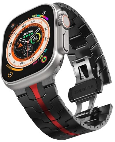 NEYENS Correa de acero inoxidable para Apple Watch Ultra 2 Band 49 mm 45 mm 44 mm 42 mm, correa de metal con cierre plegable para Apple Watch Series 9 8 7 6 5 4 3 2 1 Ultra/Ultra 2 Men(Black/Red)