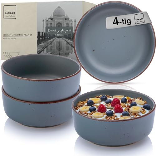 Sänger Bombay Graphit | Steingut Schüssel Set 4 teilig, Müslischalen für 4 Personen, Schalen, kratz- mikrowellen- spülmaschinenfest, Kleine Schüsseln Tiefe Teller grau blau 700 ml | VALUE COLLECTION