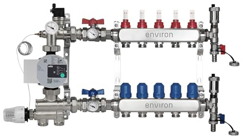 ENVIRON- Heizkreisverteiler [2-12 Heizkreise] mit Festwertregelset, Kugelhahn Set und Schnellentlüfter Set | Hocheffizienzpumpe (Wilo Para 25/6, 5 Heizkreise)