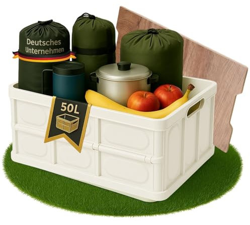 Coemo Faltbare Camping-Box Weiß, 52x35x29 cm, 50L, Klappbar, Stapelbar, Robust, Wasserdicht, Ideal für Camping, Auto, Haushalt & Outdoor - Vielseitig, Platzsparend & Leicht Transportierbar