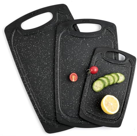 Schneidebrett Set 3 Stück – Rutschfeste BPA-Frei Schneidebretter mit Saftrinne Tragbar & Spülmaschinenfest Schwarz