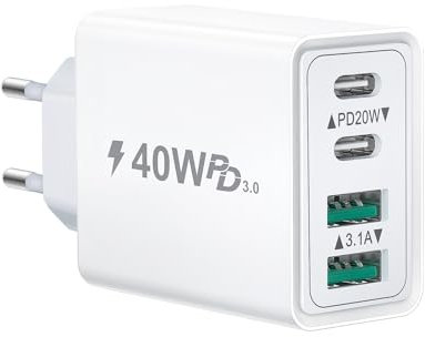 Chargeur USB C, 40W 4 Port Prise USBC Chargeur Rapide iPhone, Multi Secteur Double PD+QC 3.1A Type C Adaptateur pour iPhone 16 15 14 13 12 11 Pro Max X XS XR 8 7 6S Plus Mini SE, iPad,Samsung Galaxy