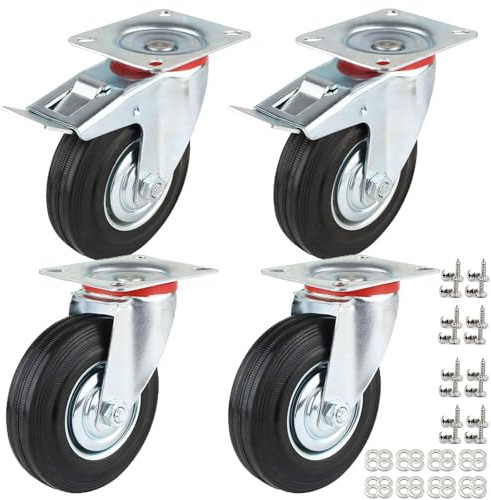 IQWTU Schwerlastrollen 100mm mit Bremse, 4 Stück Transportrollen Lenkrollen bis 300kg, Gummi Möbelrollen 360° Drehbar Industrierollen Schwerlast Rollen für Möbel(2 Bremsrollen, 2 Lenkrollen)