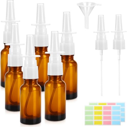 6 Stück 20ml Glas Nasenspray Flaschen Leer – Wiederverwendbare & Nachfüllbare Sprühflaschen mit Düsen, Trichter, Etiketten – Für Ätherische Öle, Parfüm, Kochsalzlösung, DIY-Hausmittel (Braun)