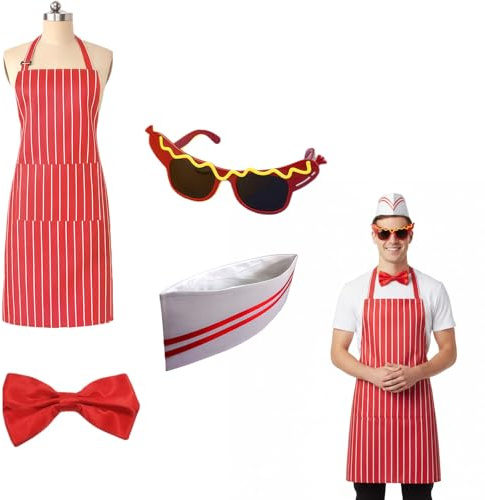 PMELCXD Kostümset Popcorn Küche 4-teilig Erwachsene mit rot-weiß gestreifter Schürze, Kochmütze, Fliege und Brille für Fasching Karneval Motto-Party BBQ Rollenspiel