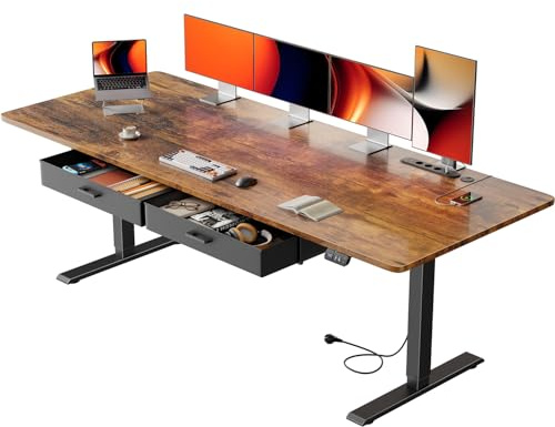 HLONONE Höhenverstellbarer Schreibtisch 200 x 80 cm mit Schubladen, Schreibtisch Höhenverstellbar Elektrisch mit Steckdosen und USB-Buchse, Stabiler Standing Desk mit Memory Funktion, Vintage-Braun