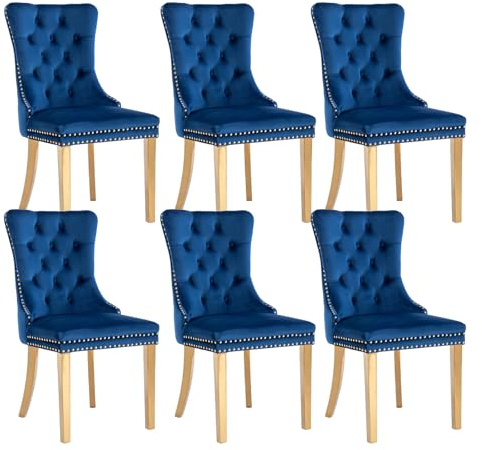 Shenyon Blaue Samt-Esszimmerstühle 6er Set, Goldfarbene Edelstahlbeine | Mid Century Modern Stil; Rückenlehne mit Knopfheftung; Ziernägel; dekorativer Ringgriff; bequeme Polsterung; einfache Montage