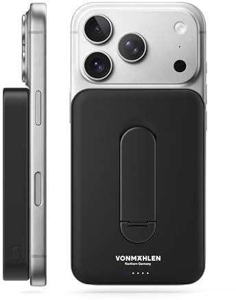 VONMÄHLEN Evergreen Mag mit Kickstand - Qi2 Powerbank 10.000 mAh, Schwarz | Kompatibel mit MagSafe, 15W kabelloses Laden, 20W USB-C, integrierter Standfuß, Qi2-zertifiziert, LCO-Akku, 3 Jahre Garantie