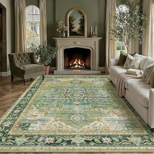 PureCozy Vintage Teppich Wohnzimmer 200x300cm Grün Waschbar Carpet Rug | Waschbarer Retro Teppich,Weich,Rutschfest Kurzflor,Groß,für Wohnzimmer,Schlafzimmer, Esszimmer,Büro,Carpet,Teppiche
