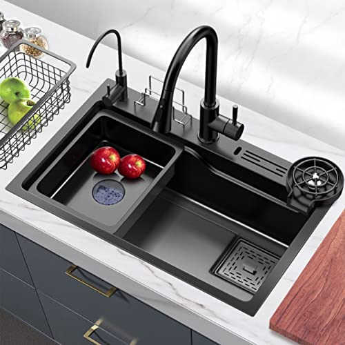 Fregadero De Cocina/Fregadero De Bar Empotrado O Bajo Encimera con Grifo Extraíble, Dispensador De Jabón, Hecho De Acero Inoxidable con Nano Revestimiento (Color : Negro, S : 80x50CM)