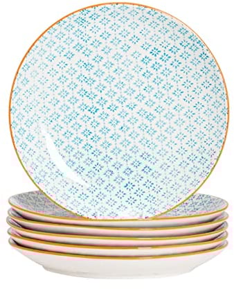 Nicola Spring Patterned Dinner Plates - 255mm (10 Inches) - Blue/Orange Print Design - Box of 6