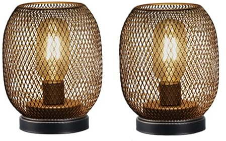 JHY DESIGN Set of 2 Bedside Lamps Battery Powered, Table Lantern 17cm High Vintage Cage Light for Living Room Bedroom Home Weddings Balcony Party Lounge Indoor Hallway Garden (Round Shape)