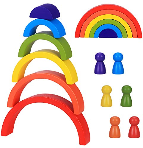 Regenbogen Holzspielzeug 6Pcs Montessori Lernspielzeug Bausteine Holzspielzeug Kreatives Stapeln Stapelspiel Motorikspielzeug Farbige Interact Educational Assembly Toy für Kinder Jungen Mädchen