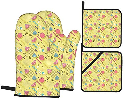 Gants de Cuisine et maniques de Four en Coton résistant à la Chaleur avec Motif Memphis, Oranges abstraites, Gants de Cuisine - Ensemble de 4 pièces