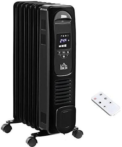 HOMCOM 1500W Digital Oil Filled Radiator, 7 Fin, Portable Electric Heater with LED Display, Built-in Timer, 3 Heat Settings, Safety Cut-Off and Remote Control, Black