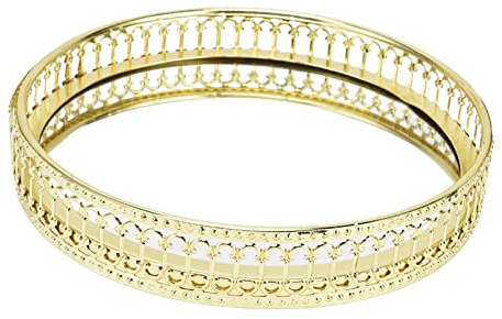 Vassoio Specchio Rotondo 17,5cm in Ferro Dorato Con Vetro a Specchio - Per Scatola Portaoggetti, Gioielli, Snack, Dolci (Piccolo Motivo Verticale)