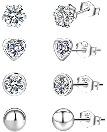 PABBEU Ohrstecker Silber 925 4 Paar Silber Ohrringe Damen 925 Klein Ohrstecker Silber Hypoallergen Herz Knorpel Ohrstecker Set Mit Zirkonia Silber Ohrringe Für Damen Mädchen Herren 2/3/4/5 mm…