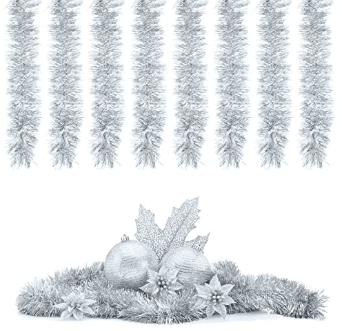 Guirnalda de Oropel para el árbol de Navidad, 8Pcs Adornos Brillantes para el árbol de Navidad, Guirnaldas Metálicas para la Decoración Navideña, para el Oropel Festivo de Navidad Bricolaje (Plata)