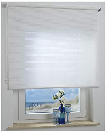 ourdeco Rollo/Seitenzugrollo / 082 x 180 Breite x Höhe/Streifen weiß/lichtdurchlässiger Stoff/Sichtschutzrollo/Dekor-Rollo