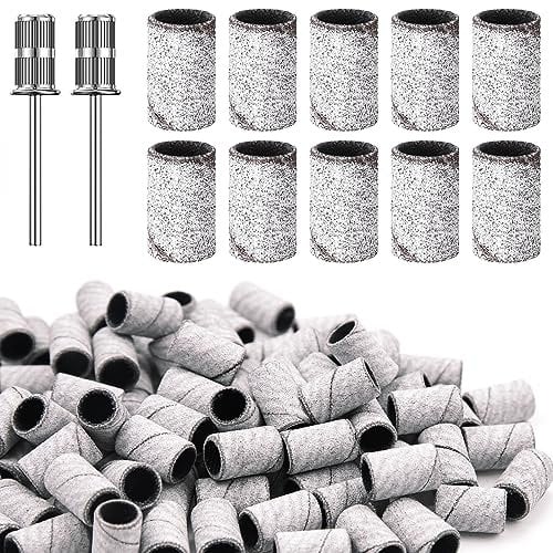 100Pcs Nail Sanding Bands for Nail Drill 240 Fine Grit Sanding Bands Nail Drill with 2Pcs 3/32” Mandrel Bits and Boxed for Nails Polishing Gel Manicures and Pedicure,White