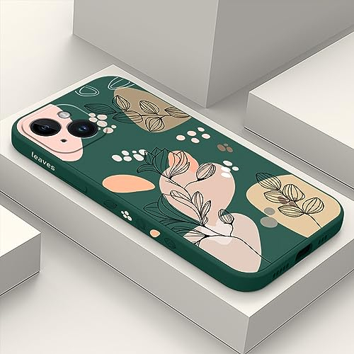 LEECG für iPhone 15 Hülle, Morandi Blume Muster Design für iPhone 15 Handyhülle mit Mikrofaser weiche flüssigem Silikon für iPhone 15 Schutzhülle-Dunkelgrün 2