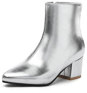 OTMYIGO Damen-PU-Stiefeletten, Retro-Cowboystiefel für Damen, Damen-Chelsea-Stiefel mit seitlichem Reißverschluss, klobiger Plattform und hohem Absatz, Kurze Stiefel,Silber,44