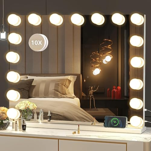 LIANWANG Hollywood Schminkspiegel mit Beleuchtung, 17 LED Schminkspiegel mit Licht Dimmbar für Schminktisch, Makeup Vanity Mirror mit 3 Farbtemperaturen, Type C und USB, 70x55cm