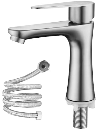 ZOYDP Robinet Salle Bain, Mitigeur Lavabo avec Tuyau de 60cm, Robinet Lave Main eau Froide à faible bruit, Robinet de Salle de Bain Inox Brossé, Robinet Lavabo pour Salle de Bain, Toilettes Invités