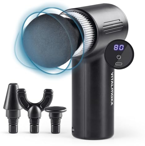 VITALmaxx Massage-Gun mit 6 Stufen | Massagegerät mit 4 Aufsätzen | Akkubetrieben bis 90 Min Laufzeit und USB-C aufladbar | Besonders leicht und handlich für unterwegs und den Sport [schwarz/silber]