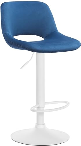 CLP Barhocker Camden I Samt-Bezug I Drehbar, Farbe:blau, Material Gestell:Metall matt Weiss