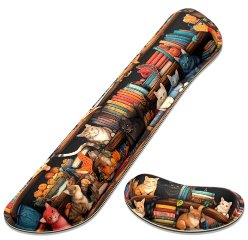 Dapesuom Enlarge Keyboard Wrist Rest, Memory Foam Wrist Cushion for Desk Mats Support, Cute Typing Pain Relief Keyboard Mouse Pad Rests Set with Non-Slip Base for Gaming Laptop Computer, Library Cats