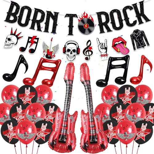 Rock and Roll Geburtstagsparty Dekorationen, 44 Stück Rock Band Geburtstagsdeko Ballons Born to Rock Banner Gitarre Folienballons Rock Latex Ballon für Musik 60er 70er 80er 90er Jahre Gastgeschenke