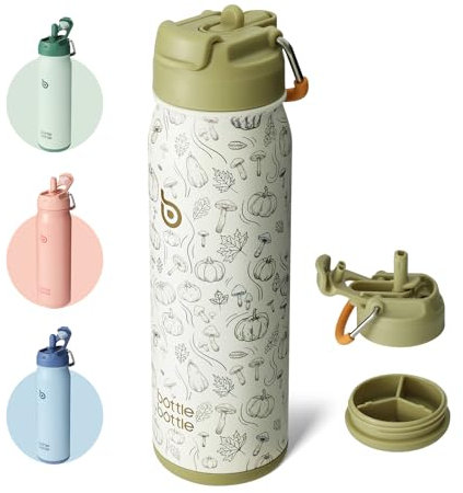 bottlebottle BOTTLE BOTTLE Edelstahl Trinkflasche 24oz(709ml) mit Strohhalm Griff und Pillenfach für Outdoor Schule, isolierte sportflasche (Kürbis)