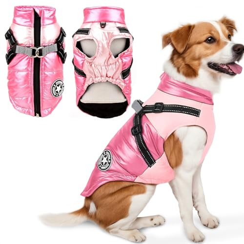 Voarge wasserdichte Winterjacke mit Geschirr und Ring, Wasserdichter Hundemantel für kleine Hunde, Mantel Winterjacke Hund Warm, Gepolsterter Mantel (Rosa, XL)