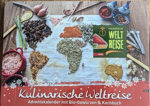 Kulinarische Weltreise Adventskalender mit Bio-Gewürzen & Kochbuch, 24 exotische Gewürze