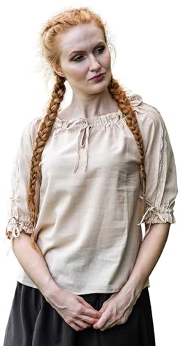 Leonardo Carbone® Damen Bluse Mittelalter Kurzarmbluse Sandra | Verstellbarer Kordelzug | Elegante Spitzenverzierung | Karneval, Halloween, Cosplay, LARP, Tunika, Hemd | 100% Baumwolle Hanf XS
