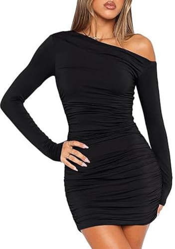 Mayoii Mini Dress Off Shoulder Solid Color Black Dress Sexy Bodycon Ruched Little Black Dress for Women Dinner Party Going Out (UK, Alpha, M, Regular, Regular, Black)