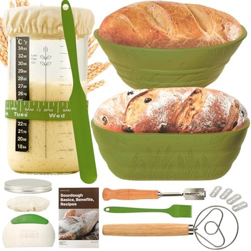 Sourdough Bread Baking Supplies 34 OZ Sourdough Starter kit with 2 Bread Proofing Basket (Green) (Green)