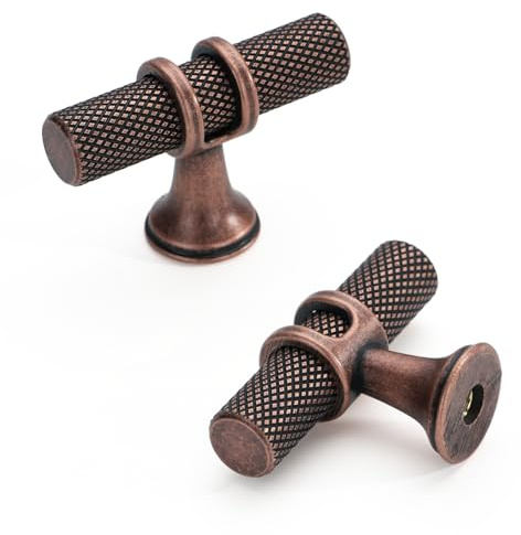 FURNIWARE 10 Stück Möbelknöpfe Antik Kupfer, T-förmiger Schrankknöpfe 50mm, Türknöpfe Gerändelte, Kommodenknöpfe Vintage, Schubladenknöpfe für Schränke, Kommoden, Kleiderschrank, Türen