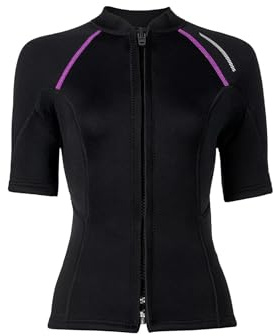 Xnihocha Maglietta da nuoto da donna, a maniche corte, tankini, 1,5 mm, in neoprene, con chiusura lampo, UPF 50+, costume da bagno, Nero , L