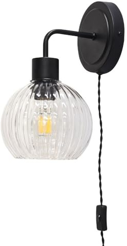 Toby - Black Plug in Wall Light with Betchley Clear Ribbed Shade