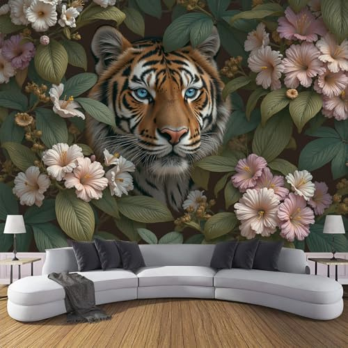 Tapete Wandbild Fototapete Tiger Im Dschungel, Retro-Tierrealismus Wandtapete Für Wohnzimmer, Flur, TV Hintergrund Wandtapete Bilder Wand Deko 200x140cm, Dunkelgrün
