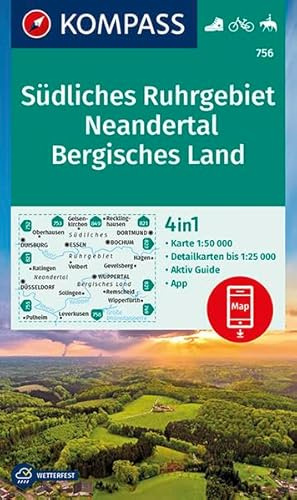 KOMPASS Wanderkarte Südliches Ruhrgebiet, Neandertal, Bergisches Land: 4in1 Wanderkarte 1:50000 mit Aktiv Guide und Detailkarten inklusive Karte zur ... Reiten. (KOMPASS-Wanderkarten, Band 756)