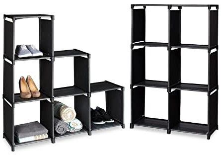 Relaxdays 2 x Stufenregal mit 6 Fächern, HxBxT ca. 109 x 106 x 30 cm, einfaches Stecksystem, Raumteiler und Treppenregal, schwarz